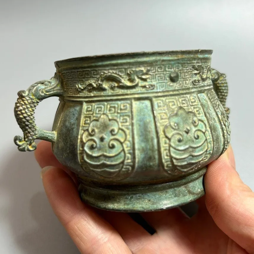 Chinese Old Style Bronze Wine Cup with Dragon Handles Beast Pattern Drinking Vessel Relief Ruyi Pattern Goblet Collectible