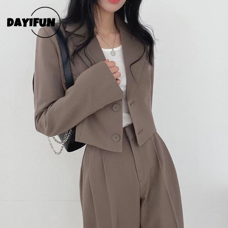 DAYIFUN-Ternos elegantes de duas peças para mulheres, blazer feminino, tops curtos, jaqueta, perna larga, calças de cintura alta, conjuntos de escritório feminino, casacos casuais