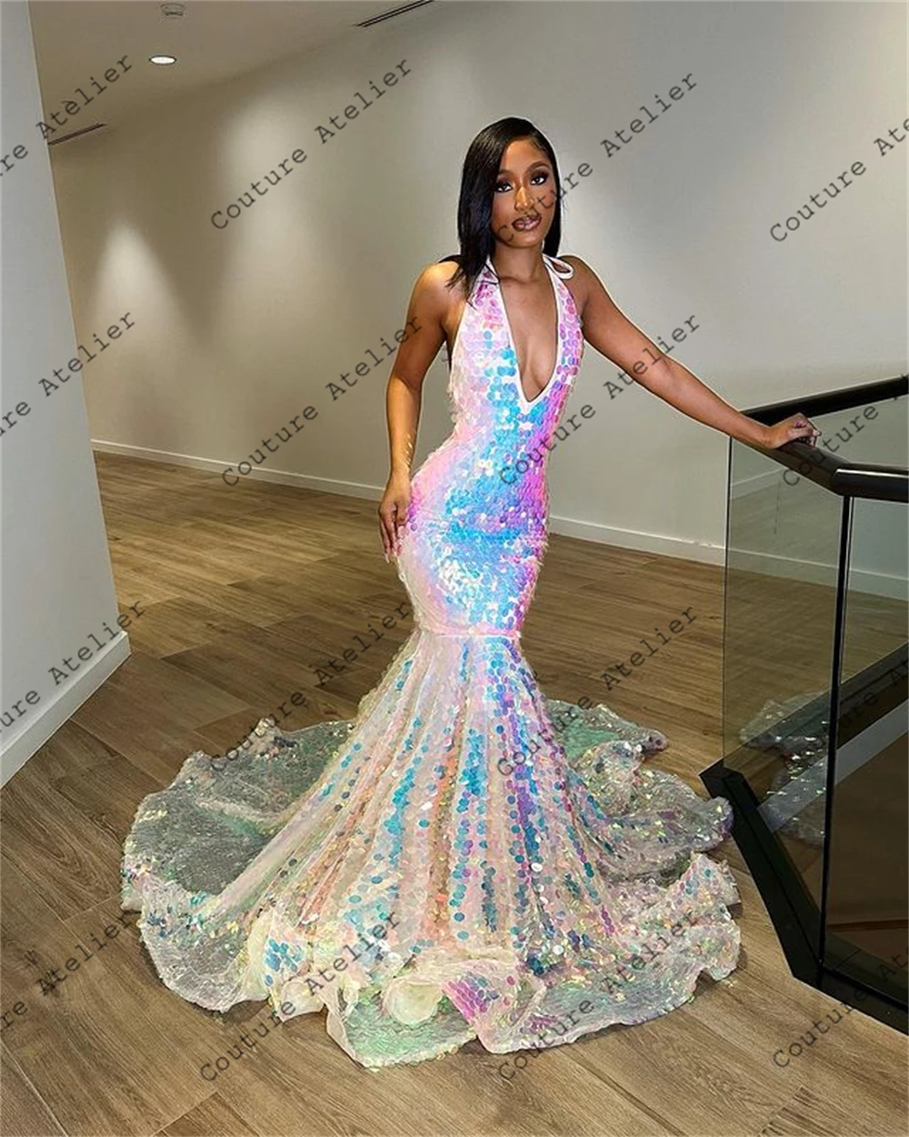 Colorful Backless Prom Dresses 2024 Luxury Gowns Halter Wedding Dress Shinning Mermaid Birthday Party Gown vestidos de gala