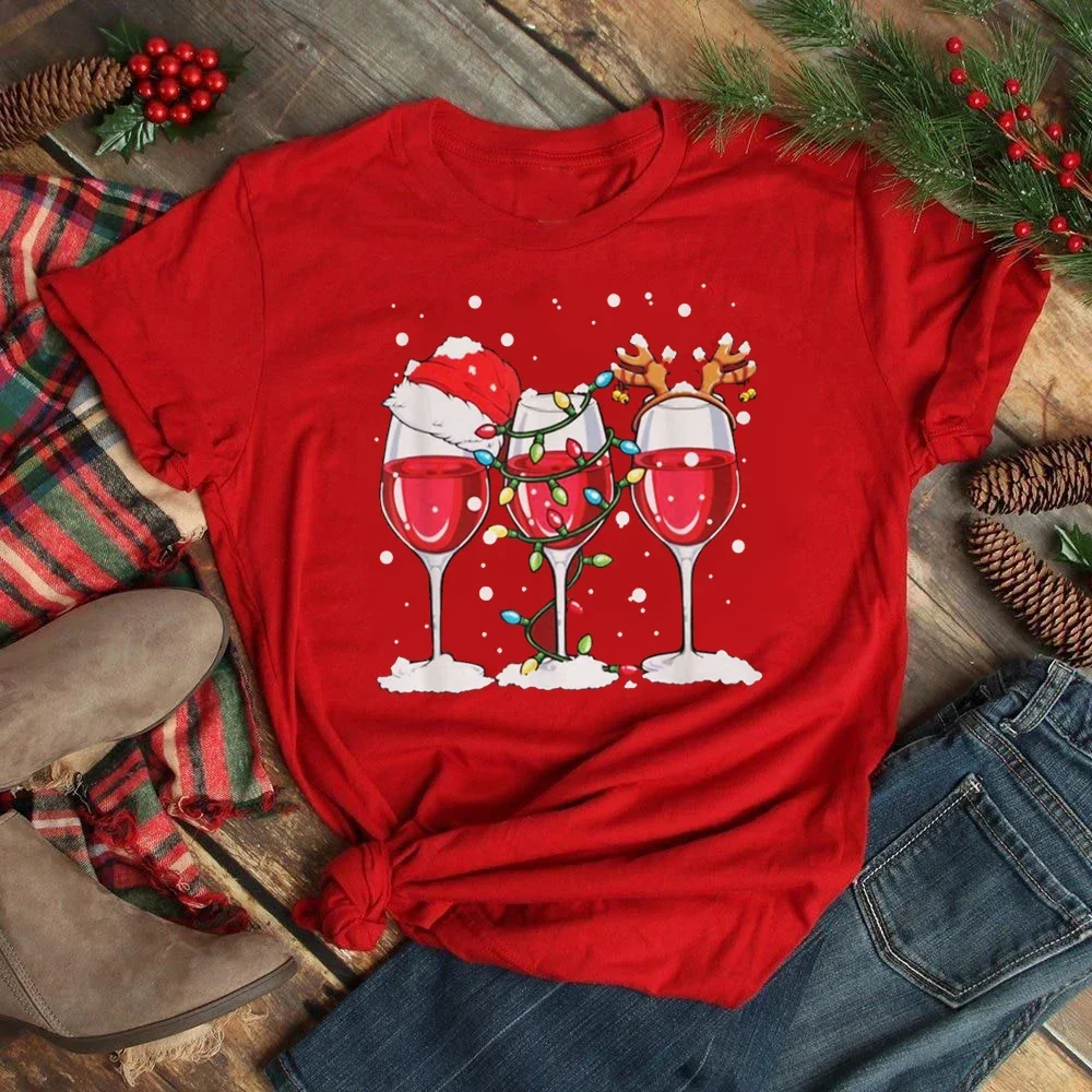 Fashion Christmas Wine Glass Printed Women Red T-shirt Casual Round Neck Tops Streetwear Female Christmas Clothes Festival Gifts