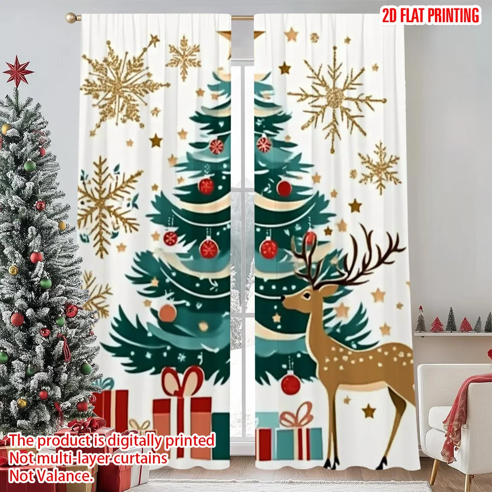 

2pcs 2D flat printing Christmas Window Curtains Snowflakes tree Machine Washable Fabric Without Electricity Party Decorations