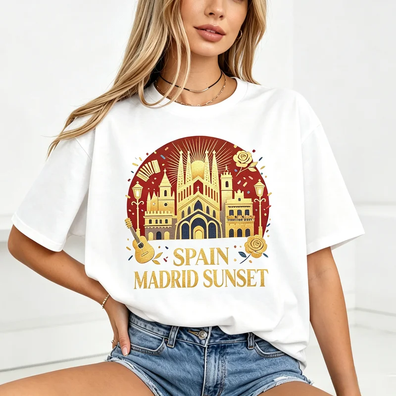 Vintage Spain Madrid Sunset Graphic T Shirt Women Retro Spanish City Travel Souvenir Casual Sleeve Holiday Vacation Tee Tops