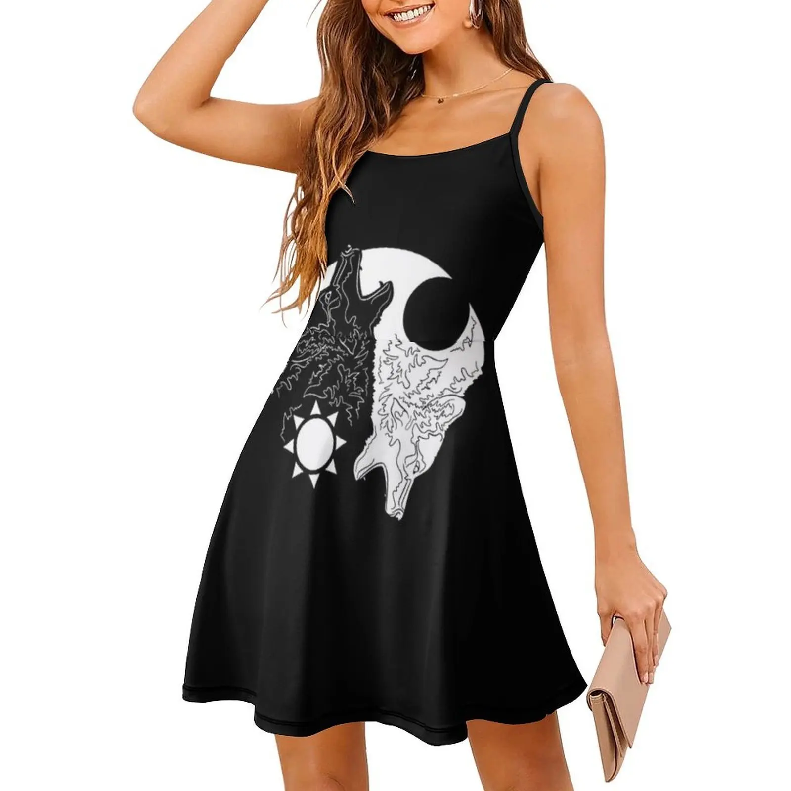 الذئاب السلبية فستان عطلة مثير للنساء شاطئ حفلة عيد ميلاد فستان قصير يينغ يانغ التوازن الذئاب الذئب الفن الذئب المرأة