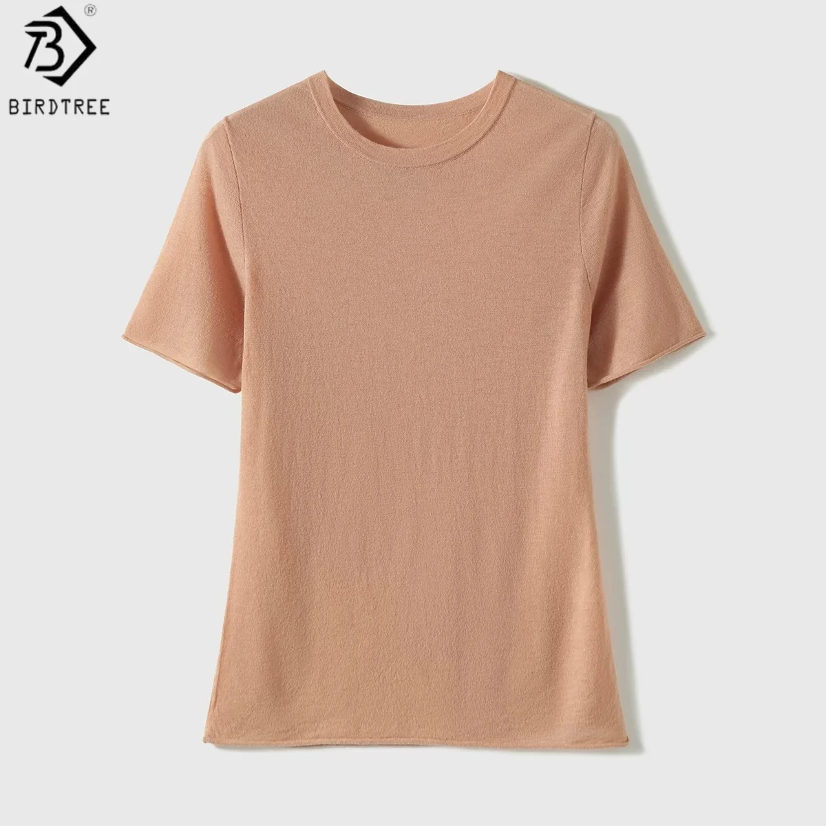 Birdtree, 100% Sheep Wool Solid Tshirt, O-neck Short Sleeve Breathable Tops, Women Knitted Thin Shirt, 2026 Autumn New T67908JF