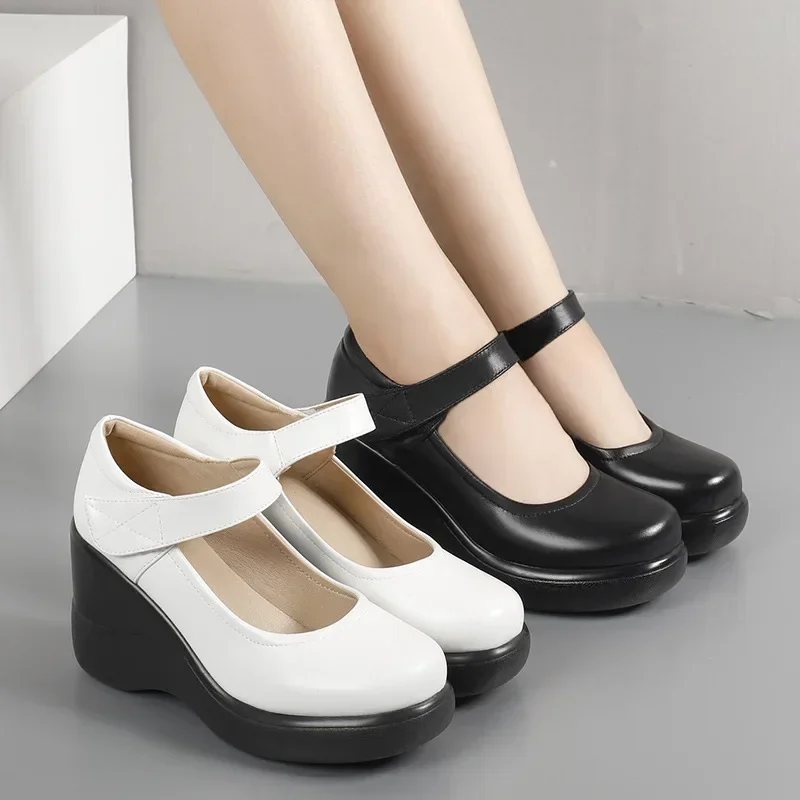 8.5cm Small Size 32-43 Fashion Shallow Platform Wedges Shoes Women Mary Janes 2024 Fall High Heels Pumps for Office Mode Mom