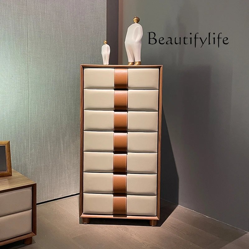 Italian-Style Light Luxury Saddle Leather Chest of Drawers Minimalist Bedroom and Household Walnut Drawer Locker