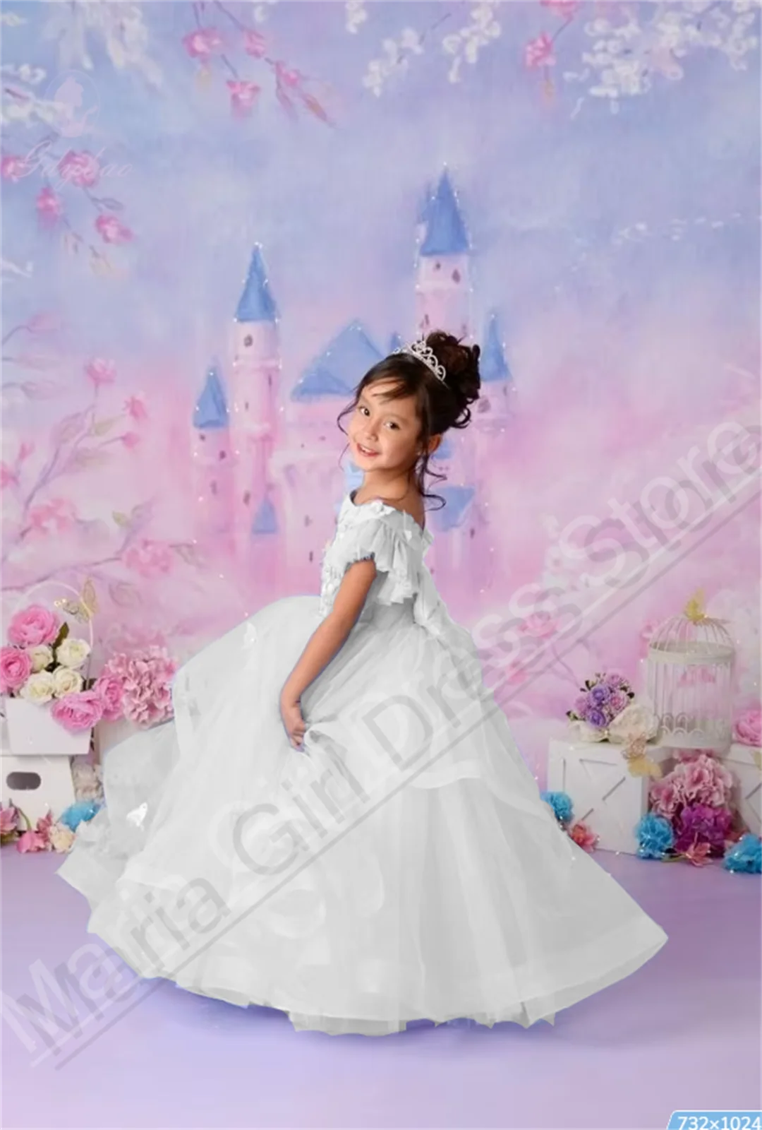White Mesh Fluffy Flower Girl Dress Ruffled First Communion Children's Wedding Prom Birthday Dress Customization