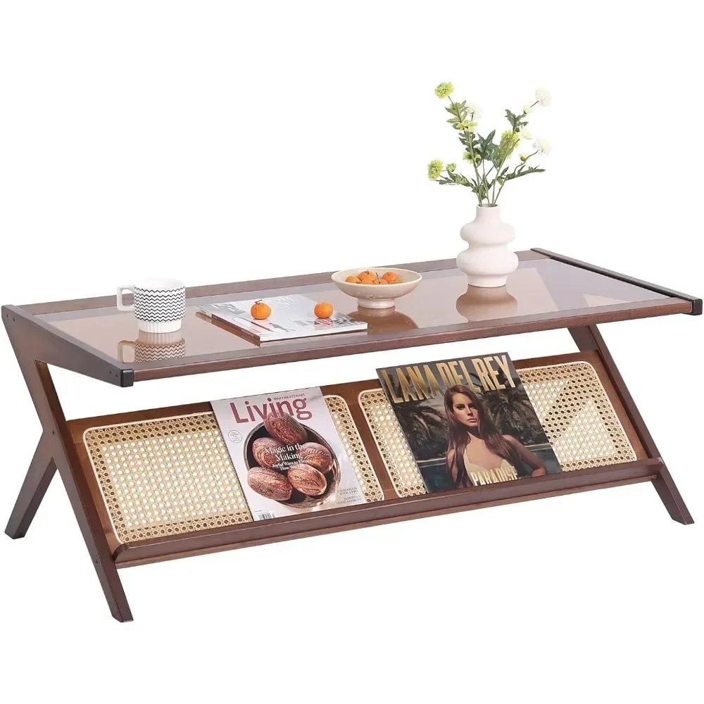 Rattan Coffee Table, Bamboo Accent Bedside Tables, Glass Nightstand Side Table, Boho Wooden End Table with Storage