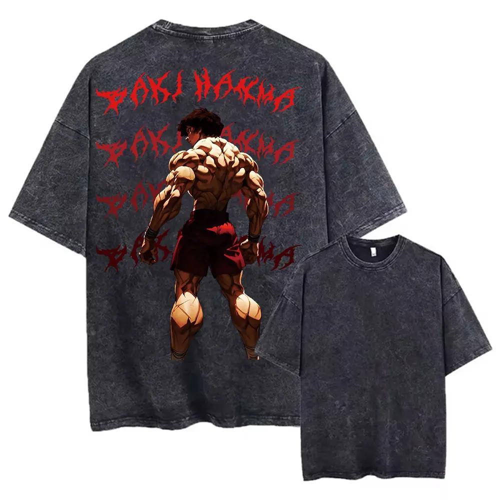 أنيمي باكي هاما مطبوعة غسلها تي شيرت الرجال 100% القطن ريترو Harajuku خمر Y2k الهيب البوب الشارع نمط تيز الصيف للجنسين #3