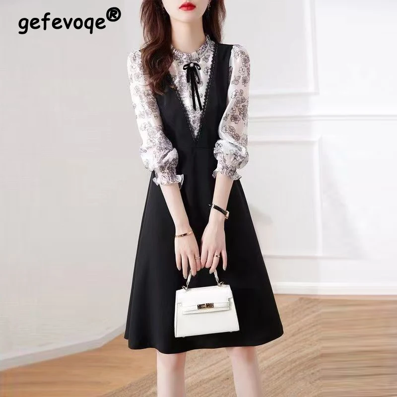 

Korean Fashion Elegant Chic Bow Sweet Floral Print Lace Patchwork Ruffle Midi Dress Women Slim Long Sleeve Party Dresses Vestido