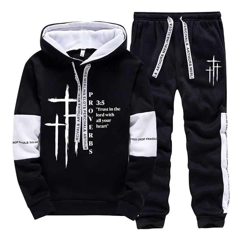 2026 New Arrival Men's Tracksuit Hoodie and Sweatpants 2pcs Set Autumn Daily Casual Sports Hooded Sportswear Cross Print Outfits view 2