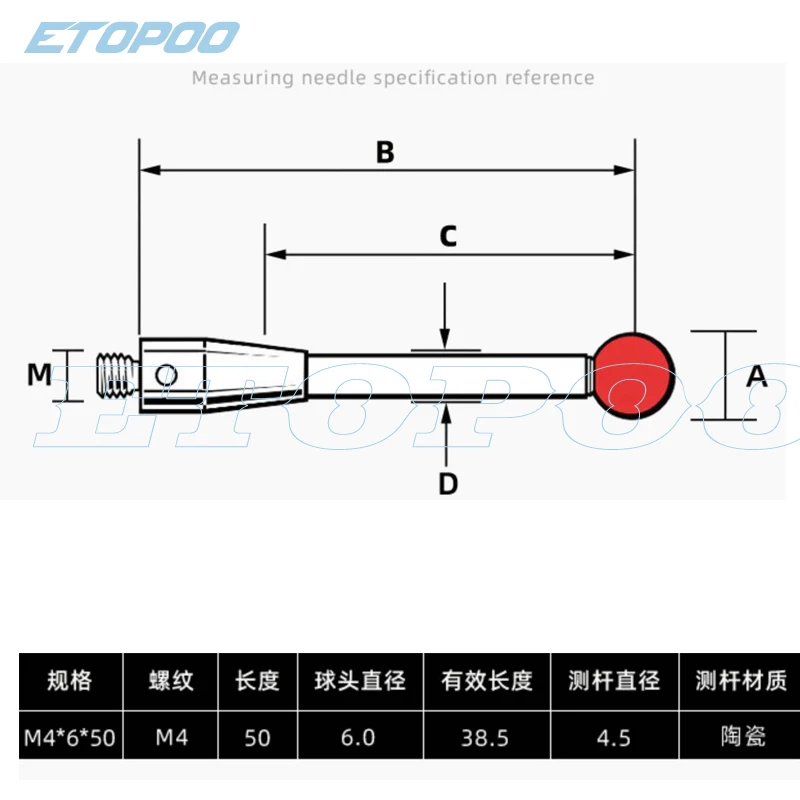 M4 L50/L100 3D Three Dimensional Gauge Meter Coordinate Measuring Machine CMM Tip Probe Thread Ruby Head Ceramic Styli Rod