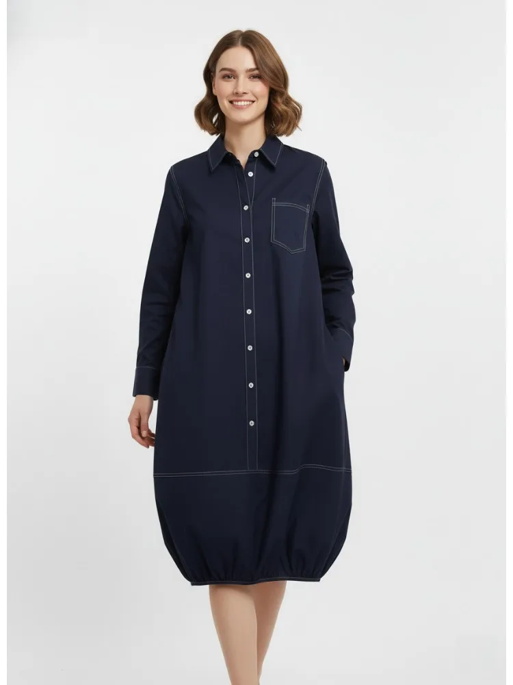 Bonboho Robe chemise en jean bleu marine pour femme col cranté manches longues boutonnée coupe ample robe mi-longue 2025 robe plissée élégante