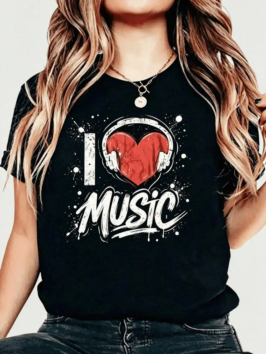 Oversized I Love Music Headphone Heart Print, Fashion New Arrival, Breathable Casual Daily Top For Teen Boys & Girls
