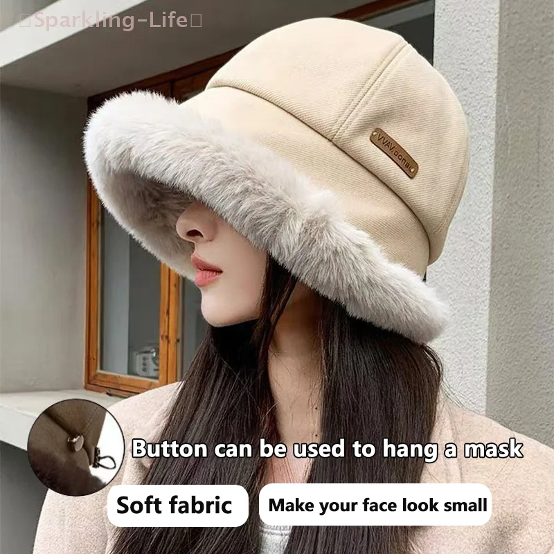 Minimalist Style Winter Women Plush Fisherman Cap Thick Fluffy Fur Panama Cap Fashionable Bucket Hat Windproof Warm Bonnet