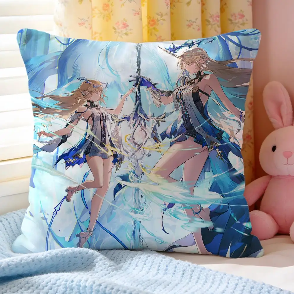 W-Wuthering Waves Cartethyia Anime Game Pillow Case Soft Washable Short Plush Modern Decorative Cushion for Sofa Bed Office Car