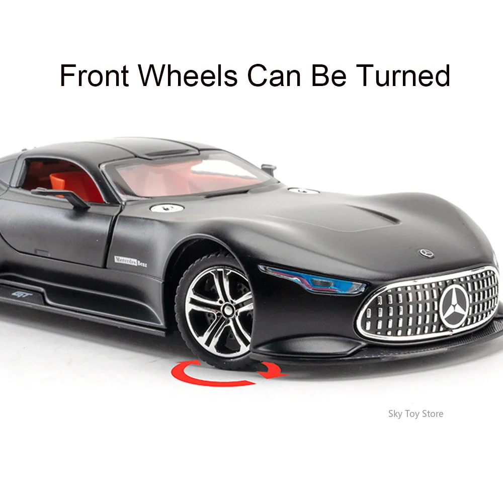 1:24 Vision GT SLS Modello in miniatura Pressofuso in lega Auto Giocattoli Suono Luce Tirare indietro Porte aperte Ruota anteriore Sterzo per i regali del ragazzo