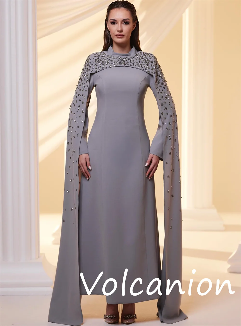 Customized Matching Retro Jersey Sequined A-line High Collar Midi Dresses Bespoke Occasion Pastrol Classic