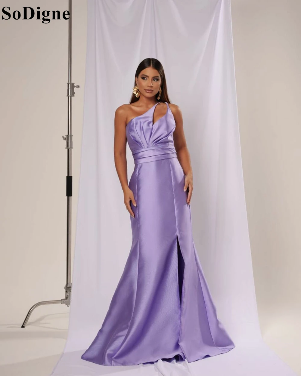 SoDigne Elegant Satin Evening Dresses One Shoulder Pleated Mermaid Side Slit Party Dress Draped 2024 Prom Gowns Custom Color