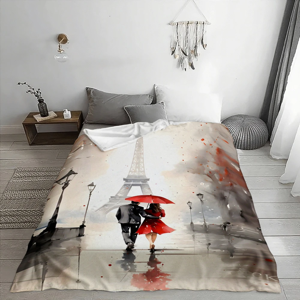 Romantic Paris Eiffel Tower Couple, Gift for Her, Soft Cozy Blanket, Red Umbrella Art Print, Multi-Purpose Home Decor Throw