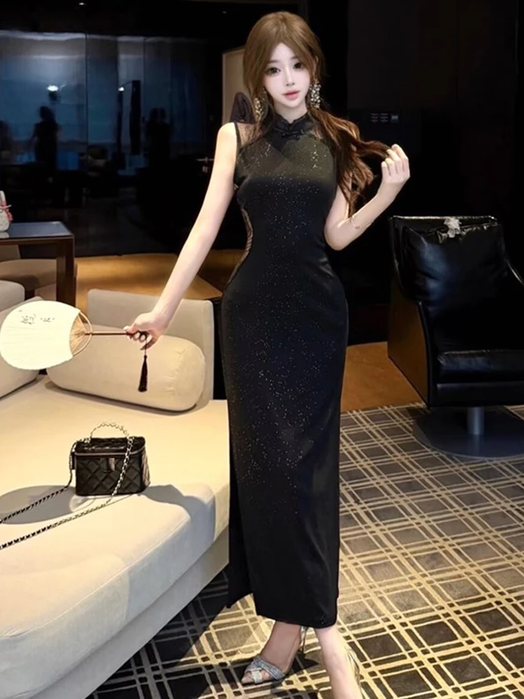 Sexy Chinese Style Lace Splicing Sleeveless High Waist Slim Fit Flashing Dress Women's Gown Folded Hemline Straight Tube Skirt