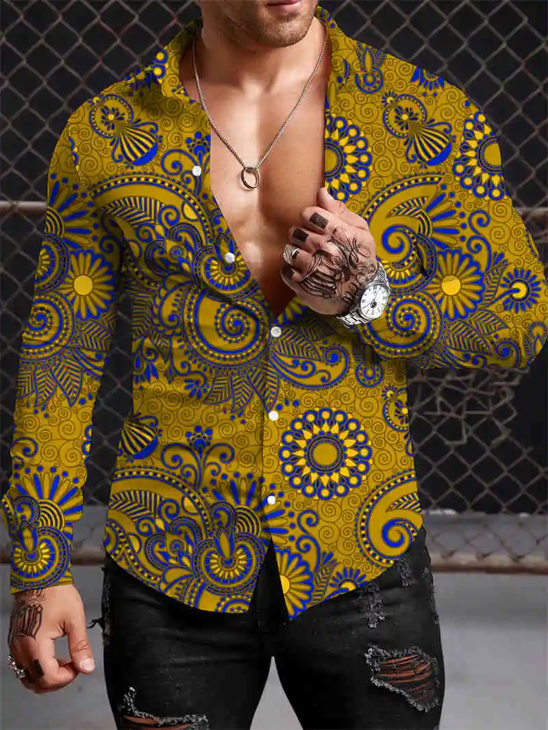 2024 New Fashion 3D Printed Irregular Pattern Men's Shirts Casual Design Collar Long Sleeve Shirt Retro Men's Clothing Tops