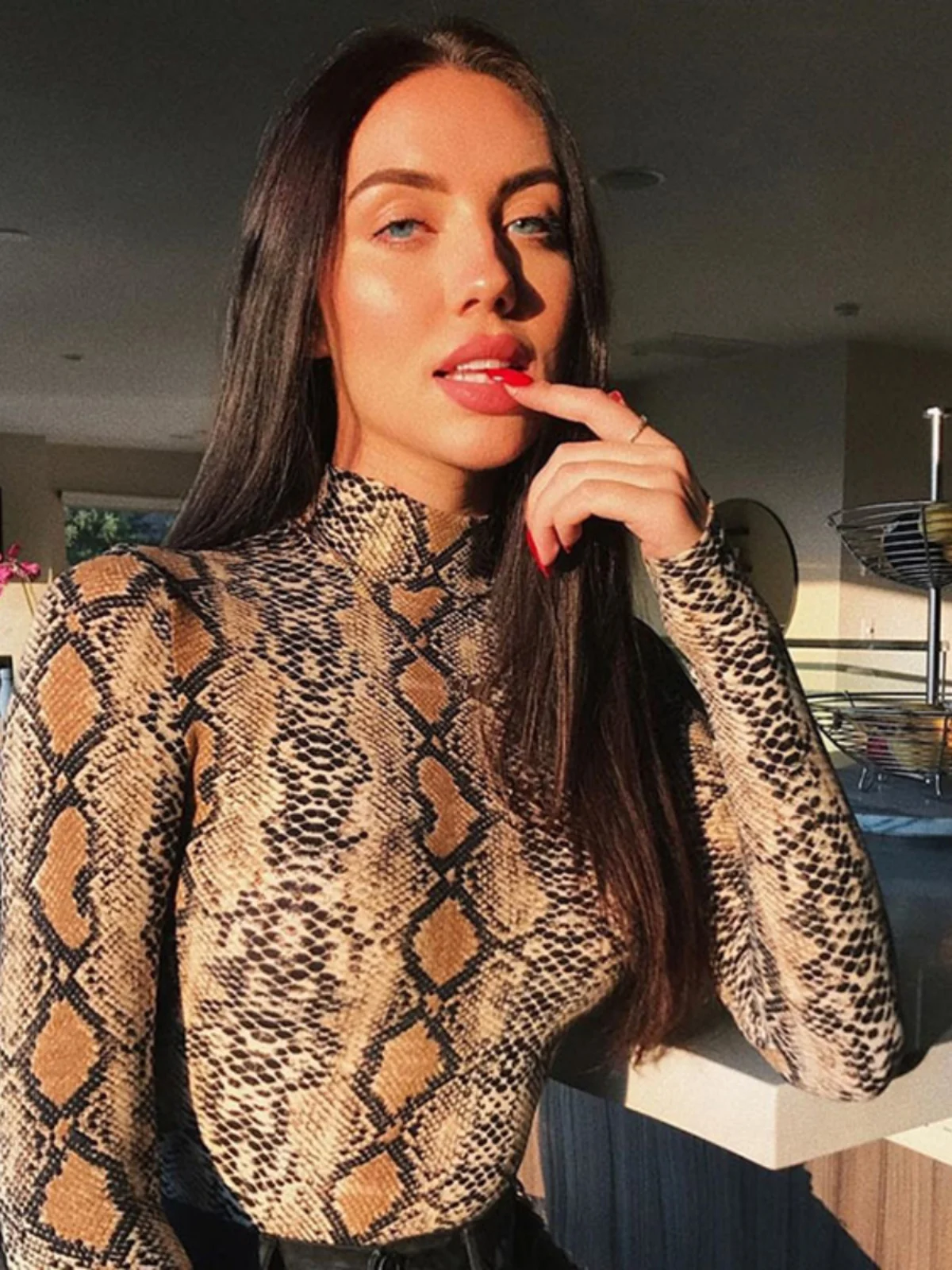 Sexy Snake Print Bodysuit Women's Slim Fit Long Sleeve Top Tightening Base Shirt Street Style Polyester Spandex Blend