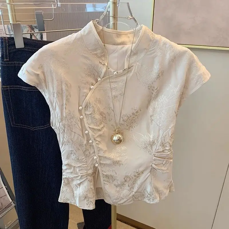 

Y2k New Chinese Style Fashion Shirt Women 2025 Summer Stand Collar Blusas Mujer Simple Vintage Flying Sleeve Blouses