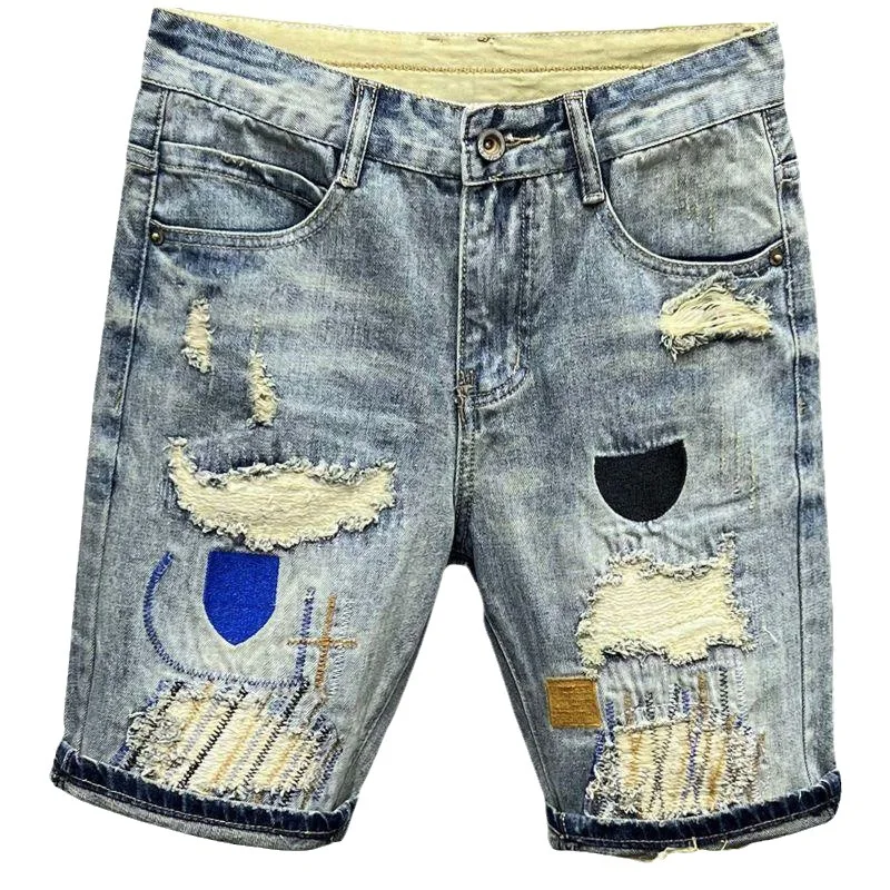 New Arrival 2023 Summer Washed Men\'s Casual Denim Shorts Stylish Cat WhiskerCowboy Ripped Distressed Patched Skinny Short Jeans