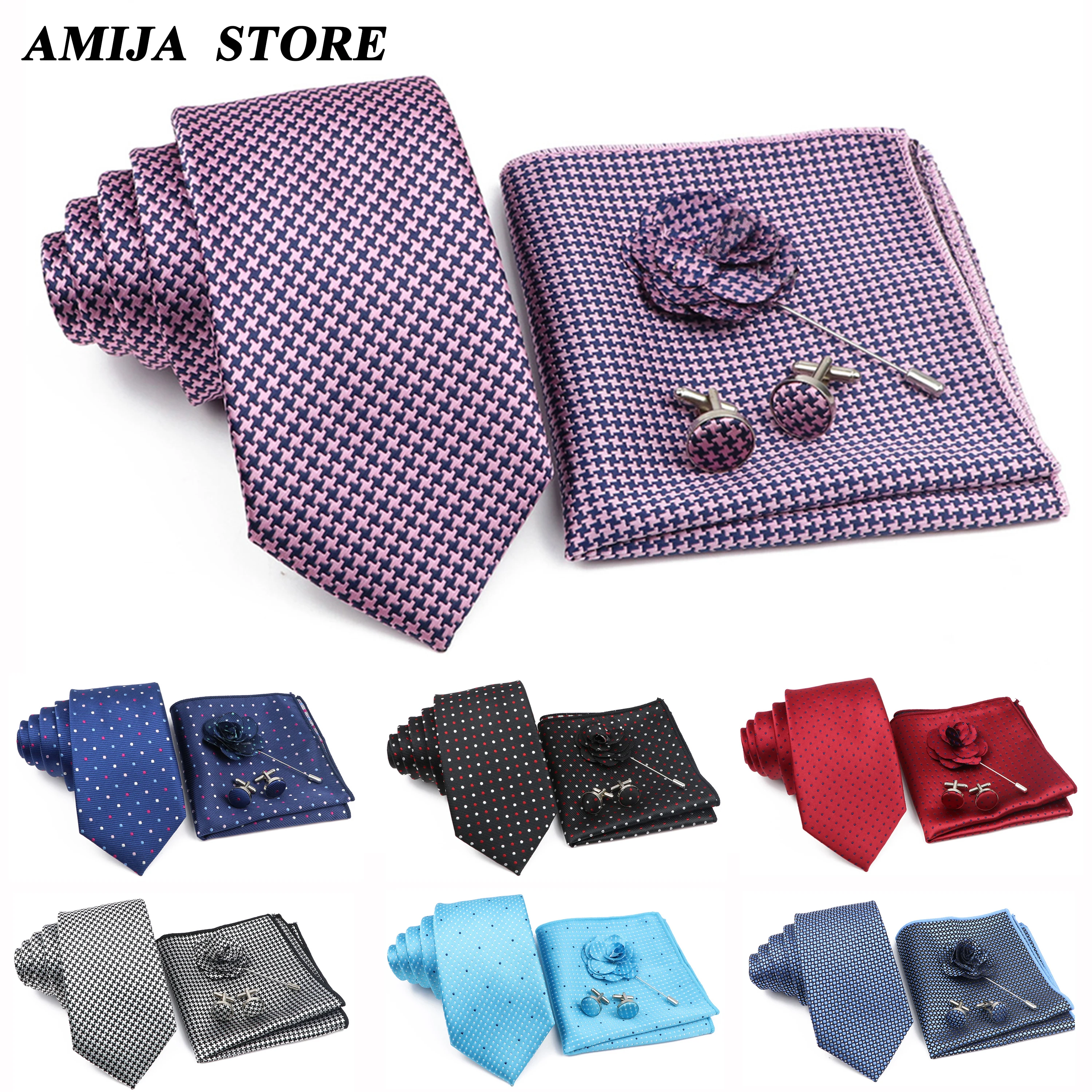 

Fashion Man Neck Ties Set For Men Houndstooth Dots Tie Pocket Square Cufflinks Brooch Wed Party Workplace Suit Gifts For Men Acc