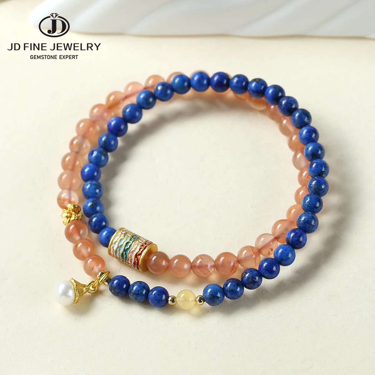 

JD New Design China Red Agate Lapis Lazuli Buddhist Scriptures 2-Layer Bracelet Women Natural Stone Stretch Energy Bracelet Gift