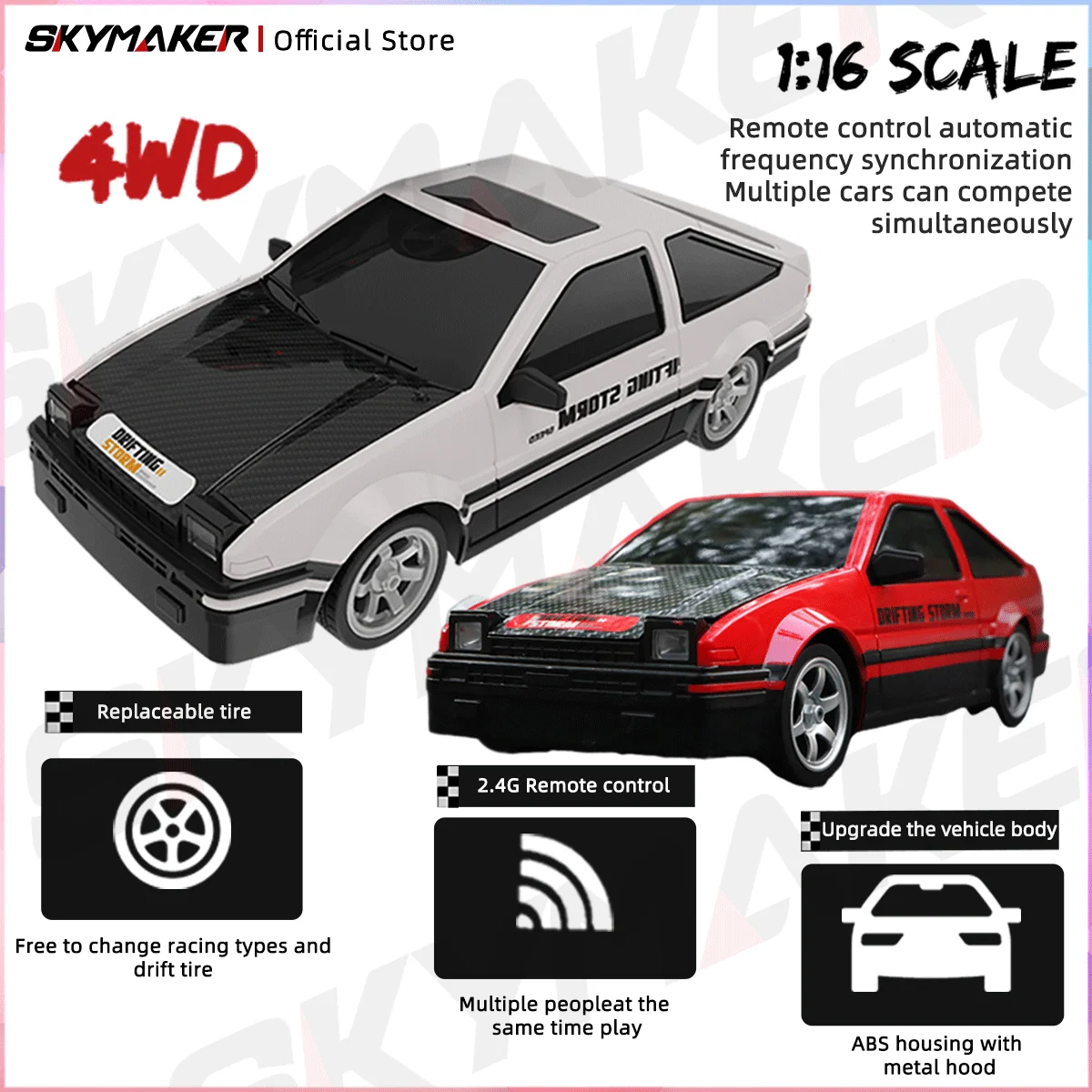 

RC16 1:16 Scale AE86 Remote Control Drift Car 2.4GHz HighSpeed RC Model with LED Headlights Powerful Motor Drift Tires Kids Toy