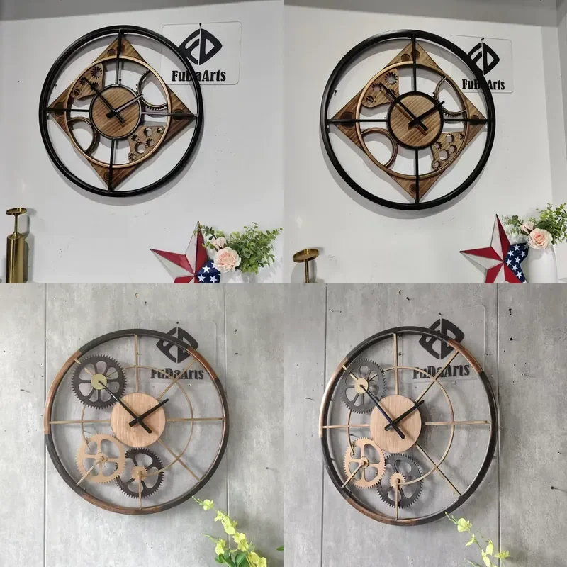 60 New Creative High-end Atmosphere Living Room Background Clock Art Retro Industrial Wind Gear Carved Circular Wall Clock