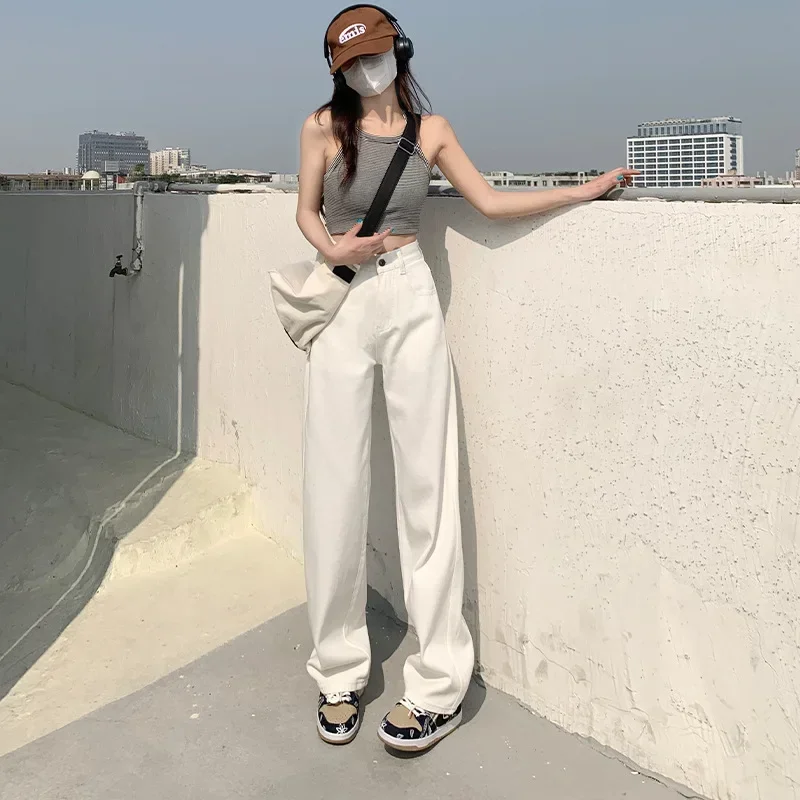 2024 New Straight Jeans Women White Plus size High Waist Loose Wide Leg Pants Spring Slimming Narrow Pants