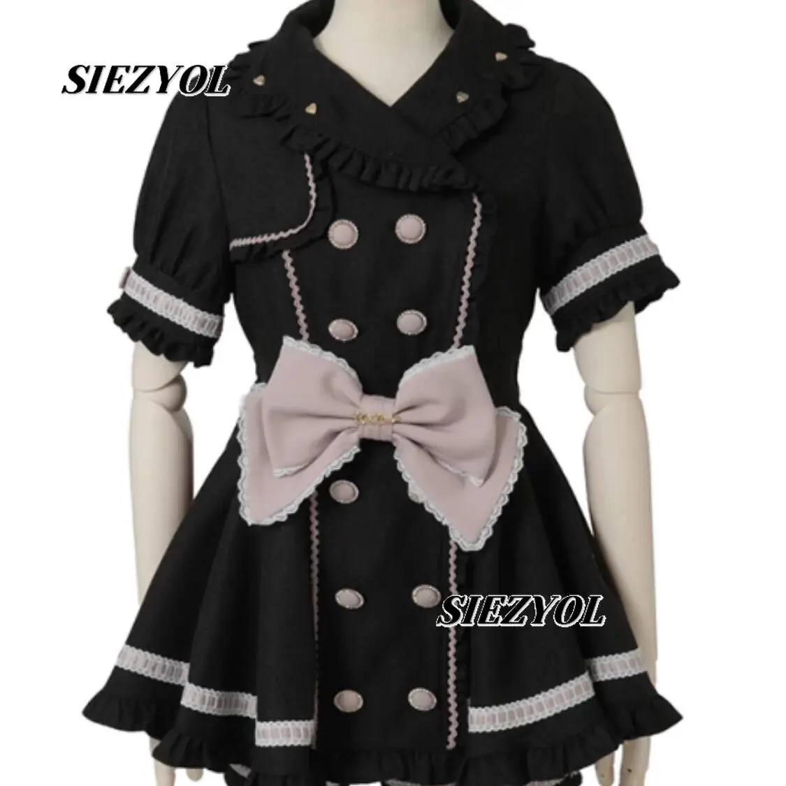 Liz Japanese Lolita Sweet Cute Girl Bow Double-breasted Tops High Waist Short Sleeve Dress and Bottoms Shorts Two-piece Set