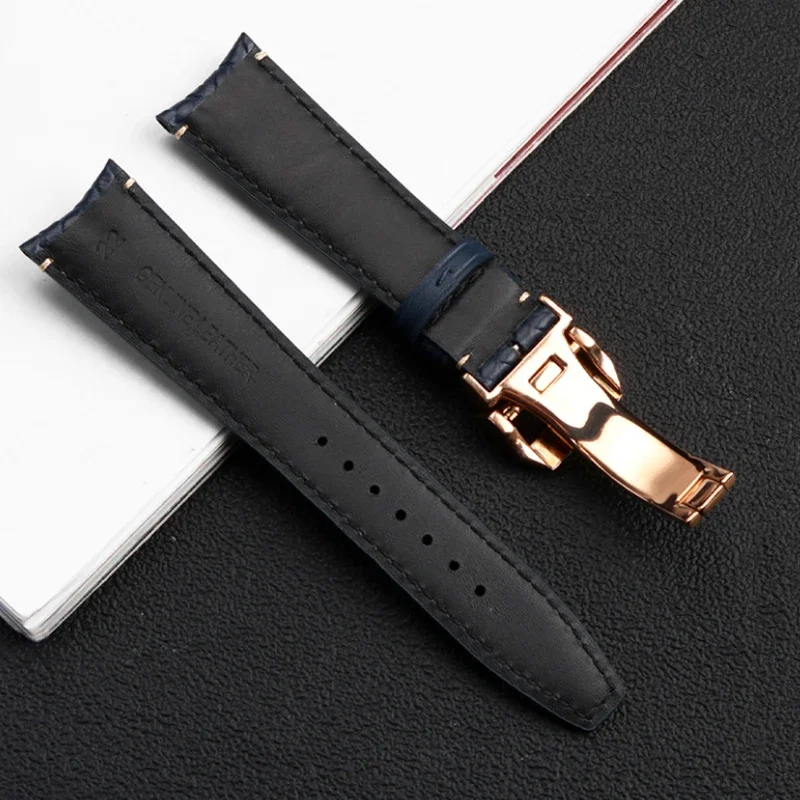 Woven Cowhide Leather Watchband For IWC IW344205 Portuguese Chronograph Pilot Portofino Folding Buckle Strap 22mm Blue Black