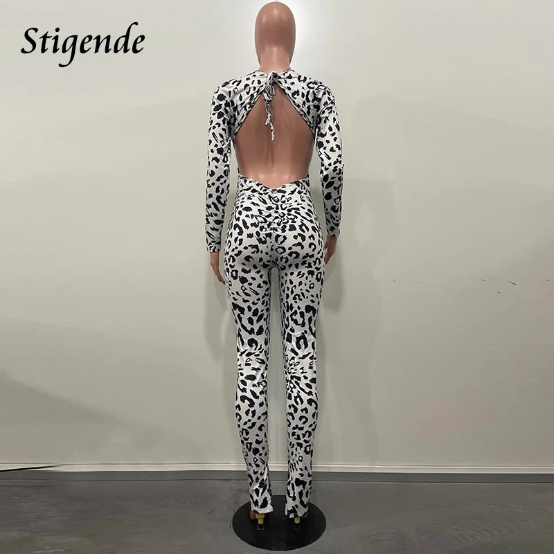 Stigende Women Sexy Backless Leopard Print Jumpsuit Bandage Skinny Cheetah Jumpsuit Stylish Bodycon Ruched Split Leg Pants