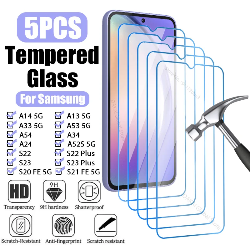 Vidrio templado para Samsung Galaxy, Protector de pantalla para Samsung Galaxy A54, A14, A13, A53, A34, A33, A52, 5G, S23 Plus, A52S, A12, A22, S21 FE, 5 unidades