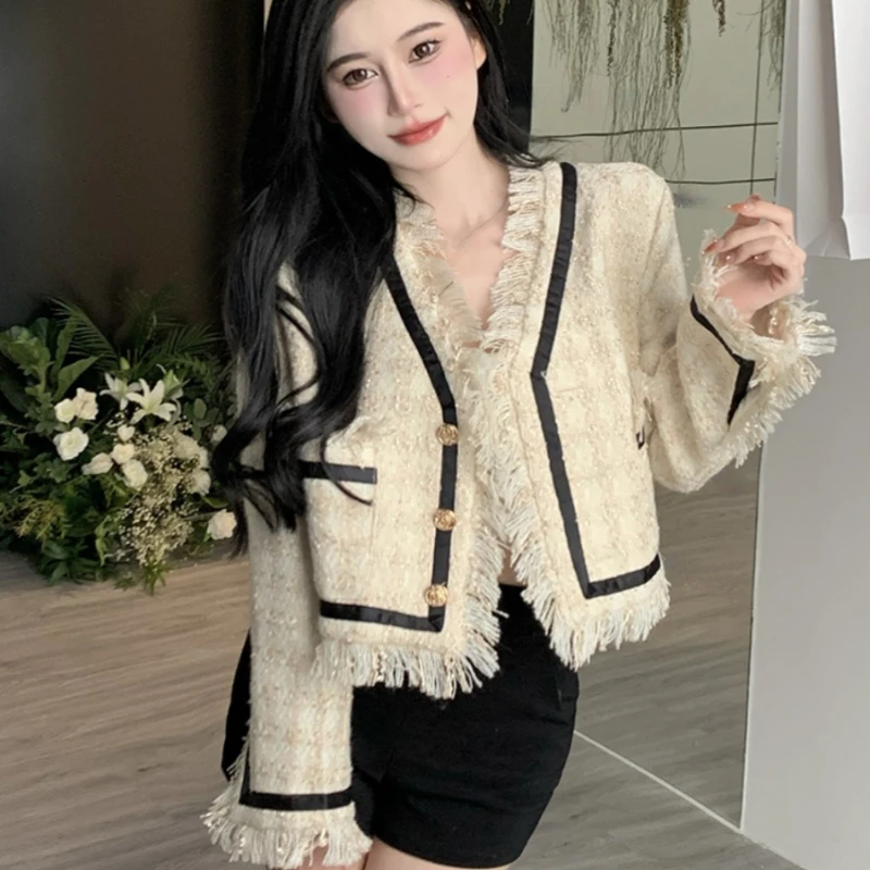 2024 Spring Fall Women Tassel Ripped Plaid Elegant Coat , Woman Office Lady Autumn Fashion Fashion Korean Patchwork Beige Coats