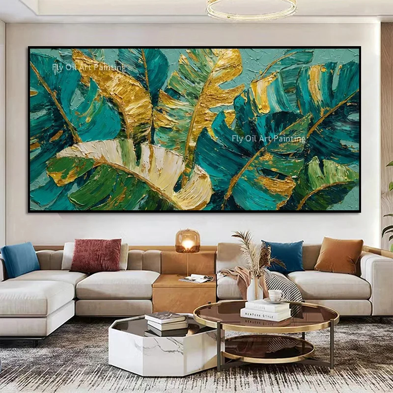 Original Hand Painted Gold Accent Plant Oil Painting, Thick Texture Banana Leaves Canvas Wall Art, Luxury Boho Home Decoration