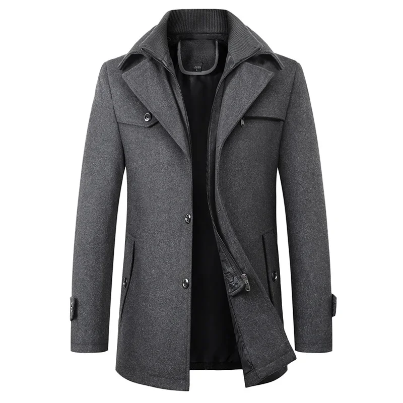 2026 Autumn Winter Men's Double Collar Woolen Coat Medium Length Style Casual Cotton Thickened Warm Outdoor Pure Color Coat