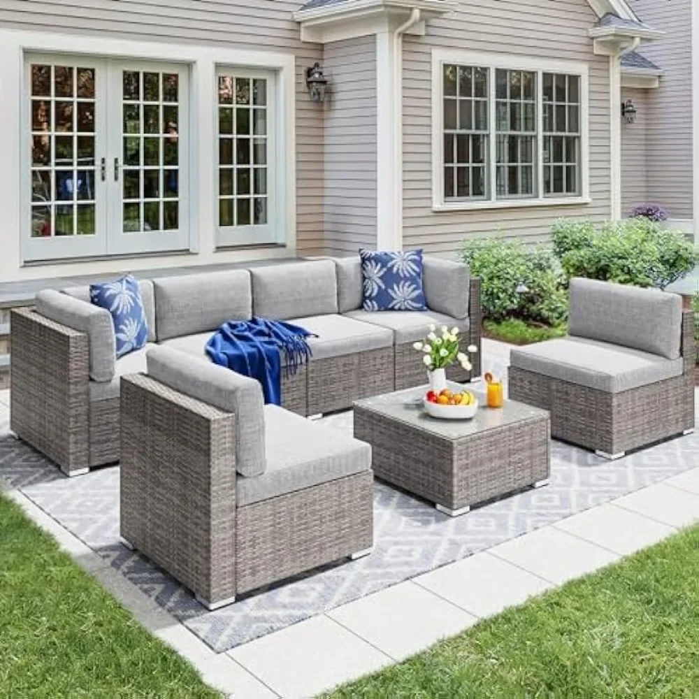 7 Pieces Outdoor Patio Furniture Set, Sectional Sofa PE Rattan Wicker Conversation Set Outside Couch w/Table and Cushions