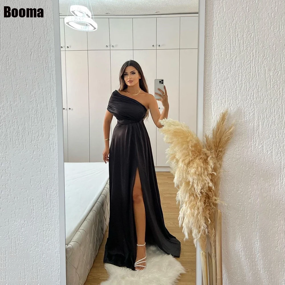 

Booma Black One Shoulder Prom Dresses Split Saudi Arabic Evening Gown A-Line Long Bridesmaid Party Gowns Robes De Soirée