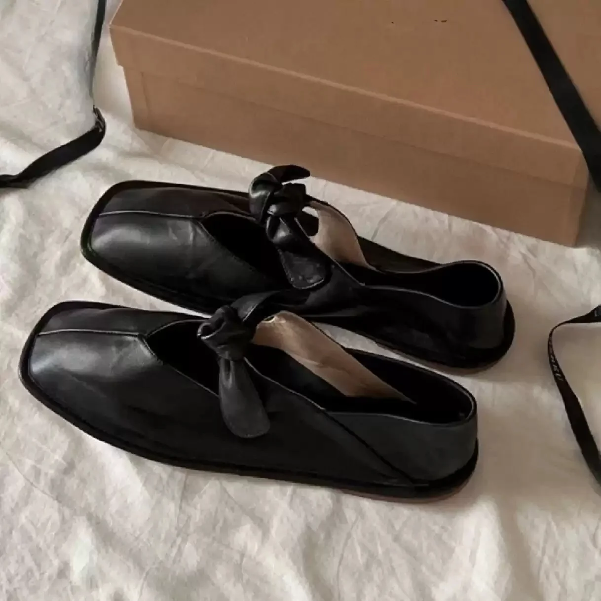 

Women's Black Leather Square Toe Flats with Bow Detail Elegant Slip-On Loafers for Casual Daily Office Versatile Spring Summer
