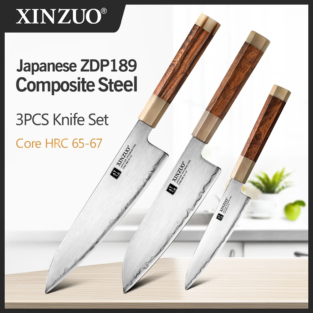 XINZUO Professional 3PCS Kitchen Knife Set Japanese ZDP-189 Power Steel Stainless Steel Desert Ironwood Handle Gift Wood Box