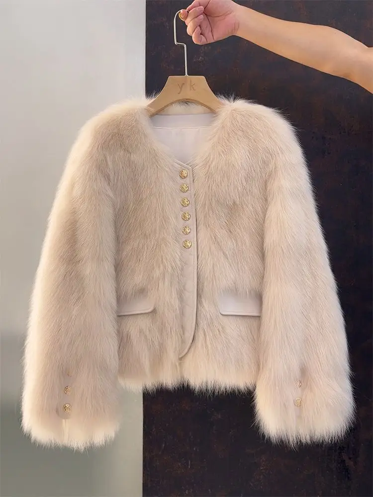 Otoño Invierno abrigo corto de piel sintética para mujer cuello redondo manga larga chaqueta de piel para mujer nuevo engrosamiento de felpa prendas de vestir para mujer wh120