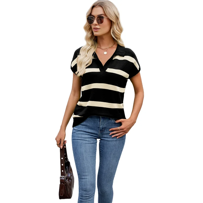 

ASDS-Womens Short Sleeve Sweatshirt Summer V Neck Tops Casual Striped Polo- Shirts Loose Fit Blouses