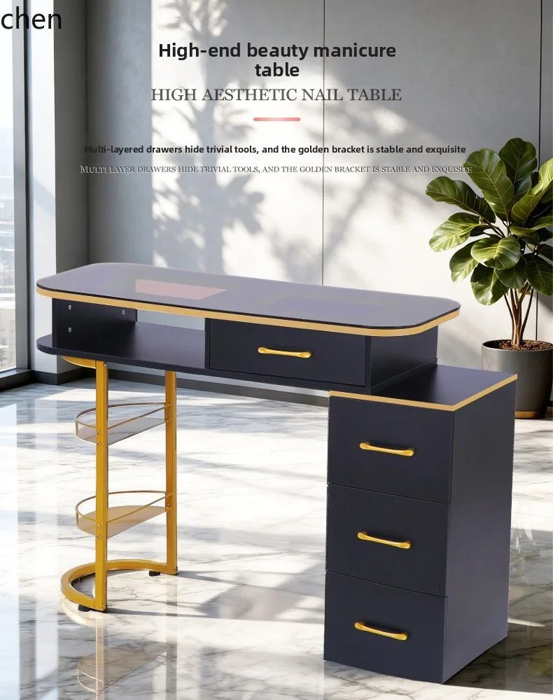 

YFY Nail Table Glass with 12 Storage Compartments Factory Direct Sale Black Gold Nail Table