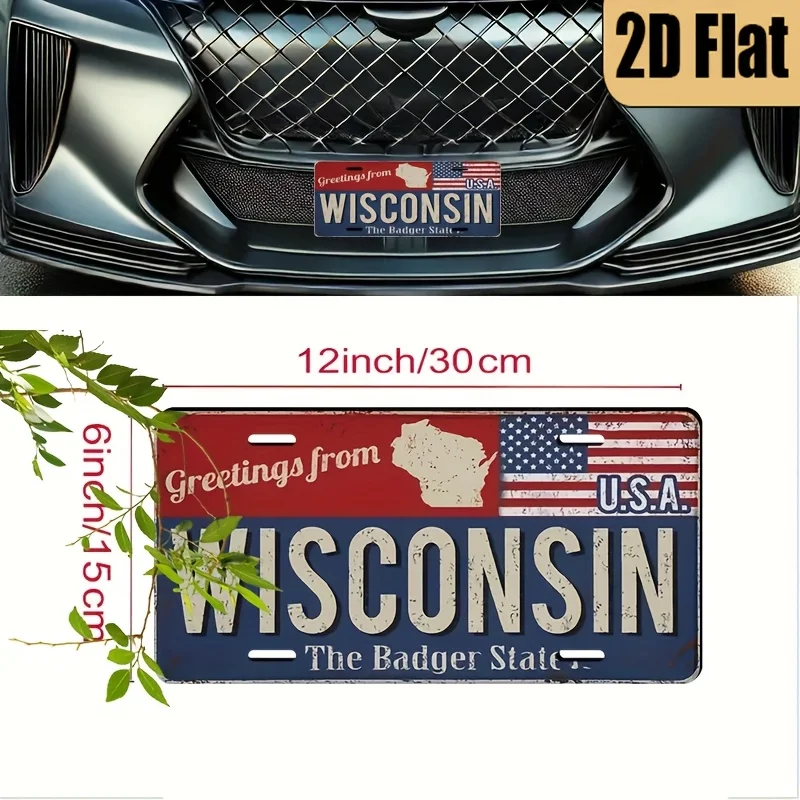 HD Aluminum Print, Vintage Greetings from Wisconsin The Badger State USA License Plate Style Wall Art, High Definition Bend-Resi