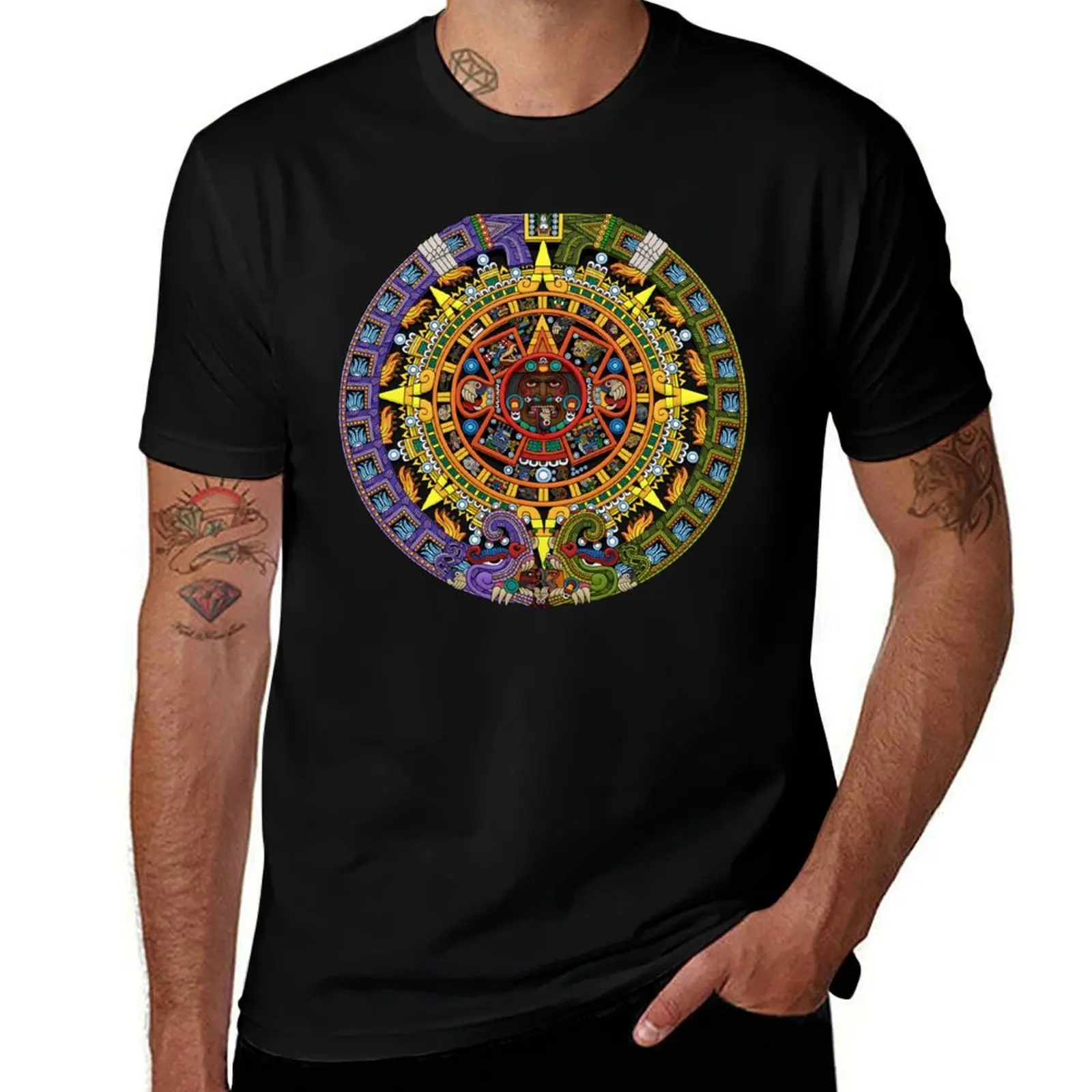 Aztec Calendar Sun Stone - Full Color T-Shirt Basic Plain Short Sleeve Crew Neck Tee T-Shirt